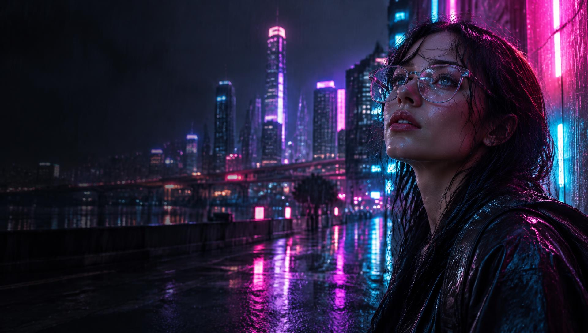 A creator directing generative AI tools, surrounded by neon purple and cyan light